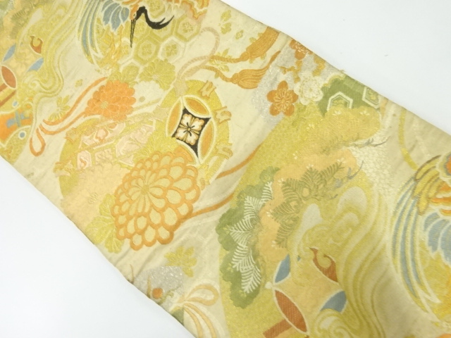 JAPANESE KIMONO / ANTIQUE MARU OBI / WOVEN CRANE & TREASURES